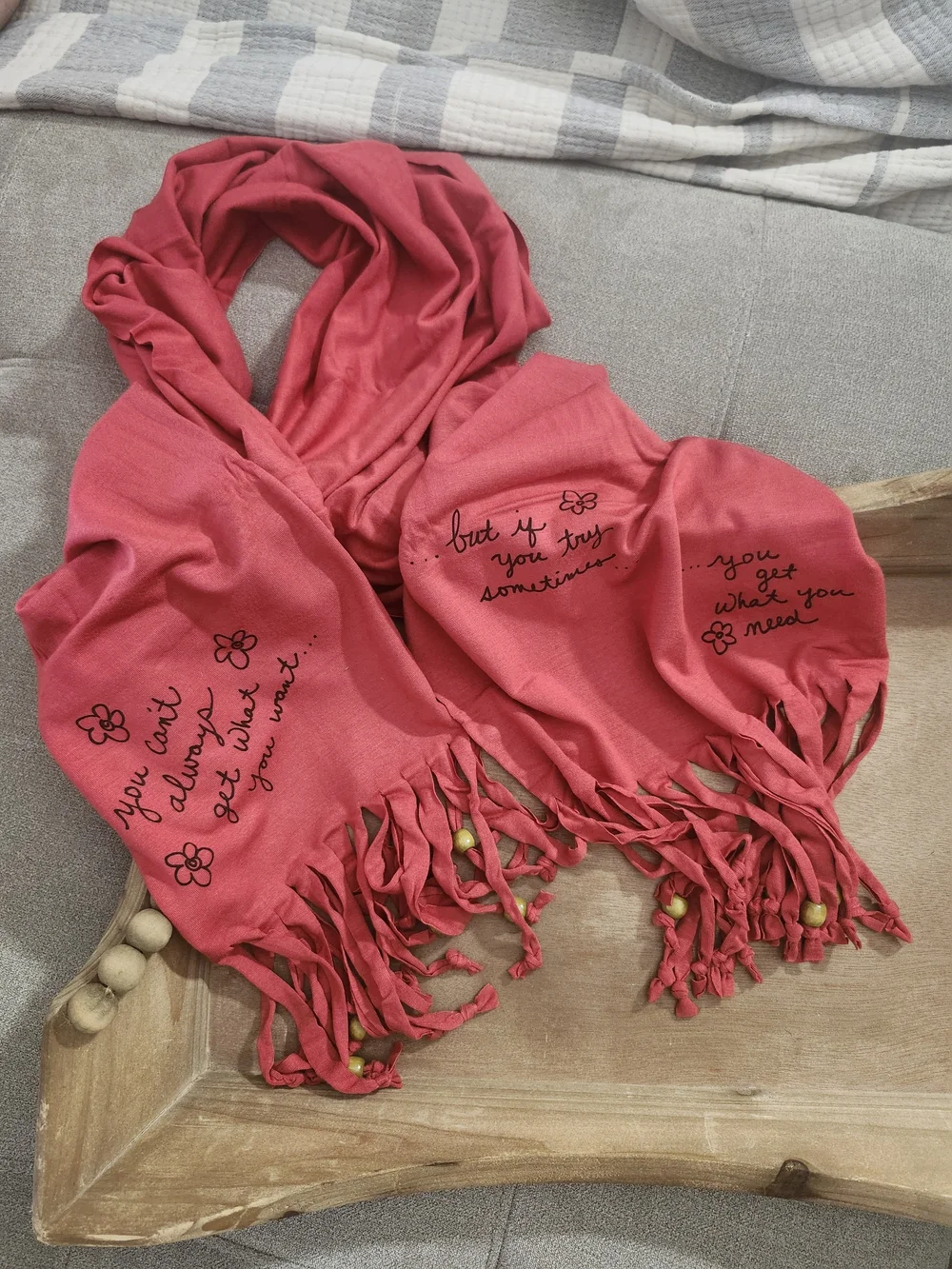 NATURAL LIFE Beaded Fringe Scarf, SONG LYRICS, Rare, Super Soft, Boho Year Round